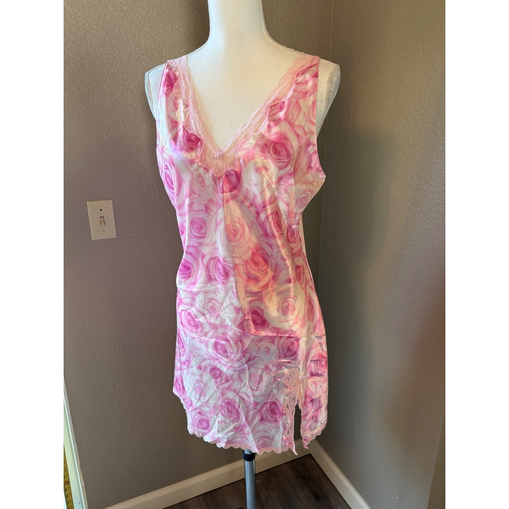 Enchanting Pink Rose Floral 3PC Pajama‎ Set Nightgown & Button Top/Pants Medium